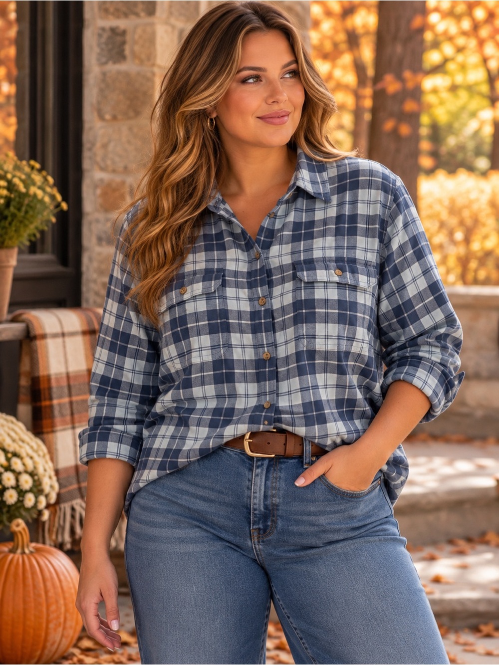 Chaps Blue & White Plaid Button-Down Shirt